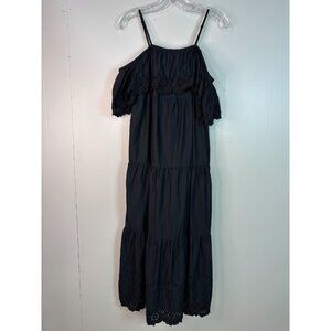 Old Navy Tiered Maxi Dress Small Black Cold Shoulder Ruffle Embroidered Eyelet